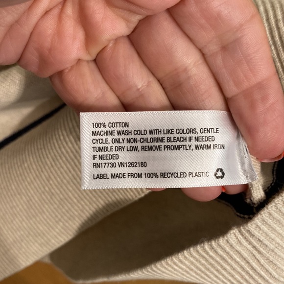 Goodfellow - mens 100% Cotton oatmeal crew neck sweater with dark blue stripes - Picture 5 of 9